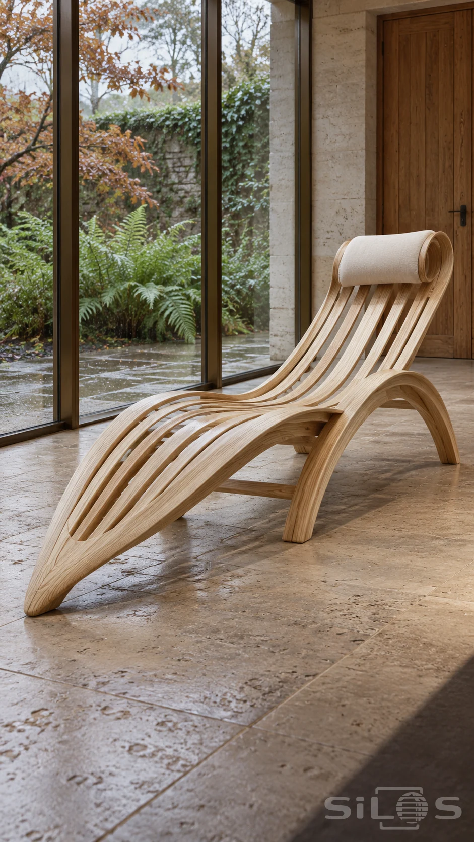 Sculptural pale ash chaise with curved open ribs and a cream head cushion in a glass garden room overlooking autumn ferns