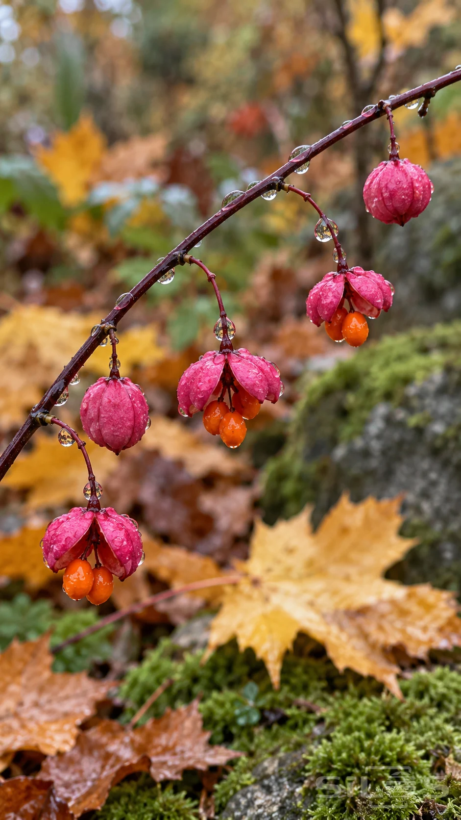 Pink spindle pods reveal orange seeds beneath rain droplets on a burgundy twig above moss and maple leaves.