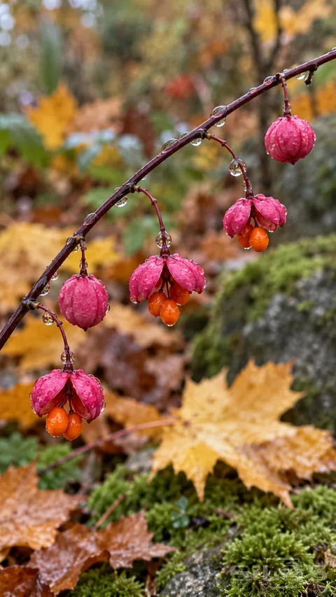 Pink spindle pods reveal orange seeds beneath rain droplets on a burgundy twig above moss and maple leaves.