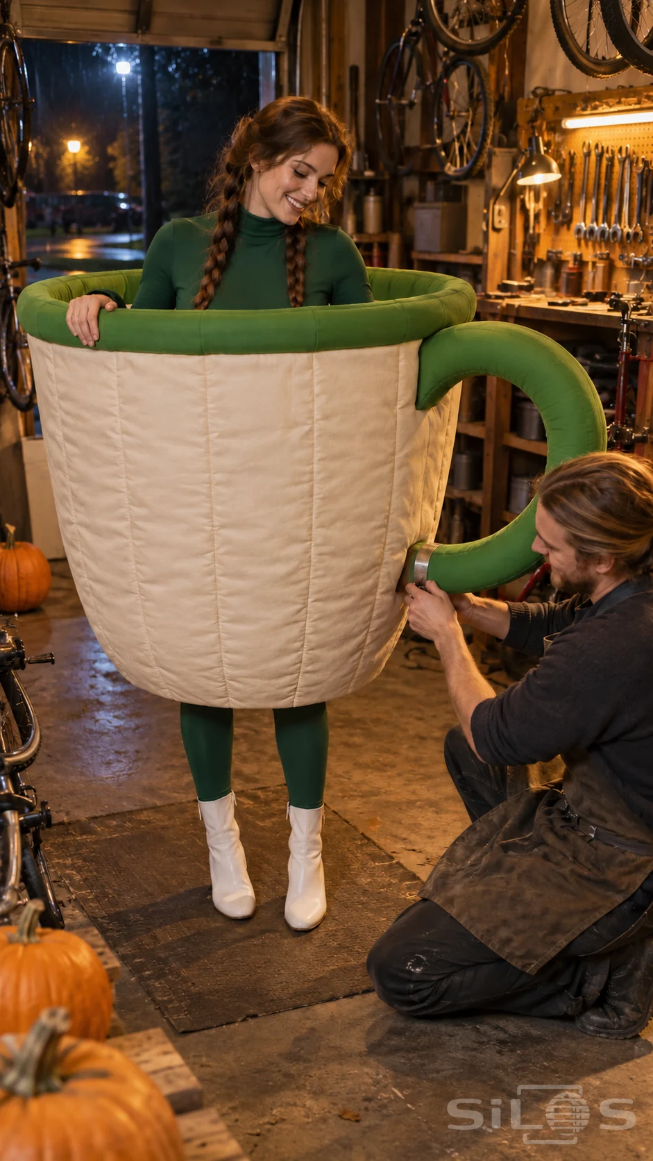 A mechanic repairs the green padded handle of a giant teacup costume worn by a smiling adult in a bicycle workshop.