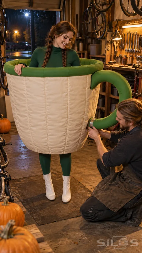 A mechanic repairs the green padded handle of a giant teacup costume worn by a smiling adult in a bicycle workshop.
