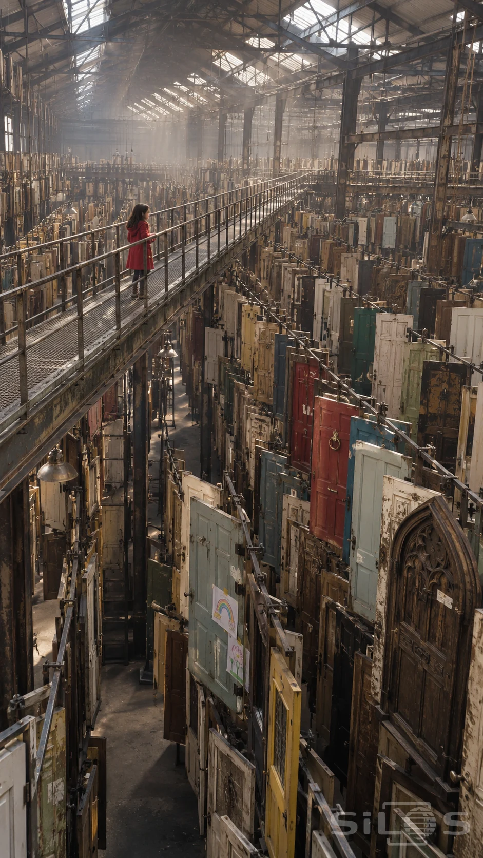 A girl in a red coat stands on a steel catwalk above countless old doors suspended inside a skylit warehouse.