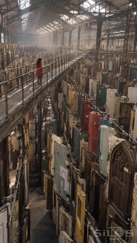 A girl in a red coat stands on a steel catwalk above countless old doors suspended inside a skylit warehouse.