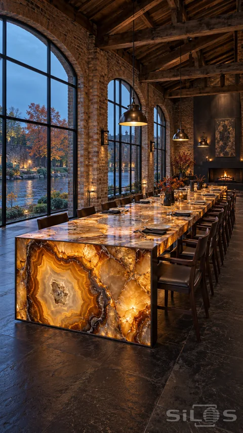 Long illuminated amber agate dining table beneath timber beams beside arched windows overlooking a river at dusk