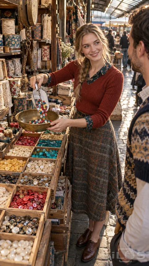 A woman in a rust sweater and plaid skirt pours colourful buttons into a brass scale at a covered button market stall.