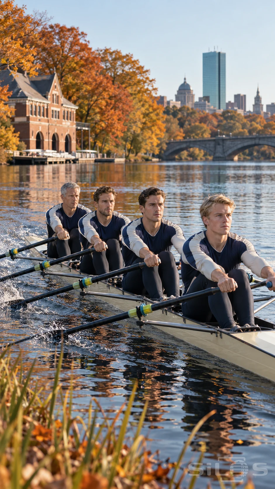 A four-man rowing crew pulls together on an autumn river beside copper trees and a brick boathouse.