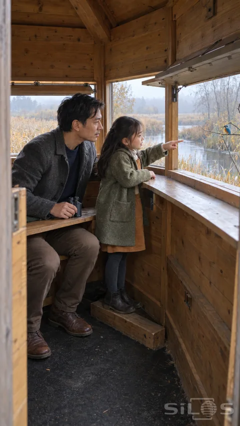 A father and daughter watch a small kingfisher from a compact wooden bird hide overlooking an autumn reed channel.