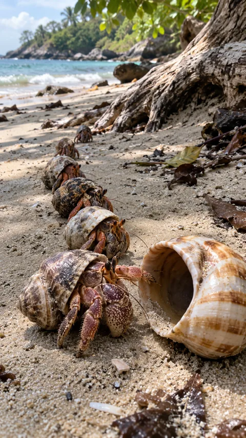 Differently sized hermit crabs queue behind a larger crab inspecting an empty shell on damp beach sand beside a driftwood root.