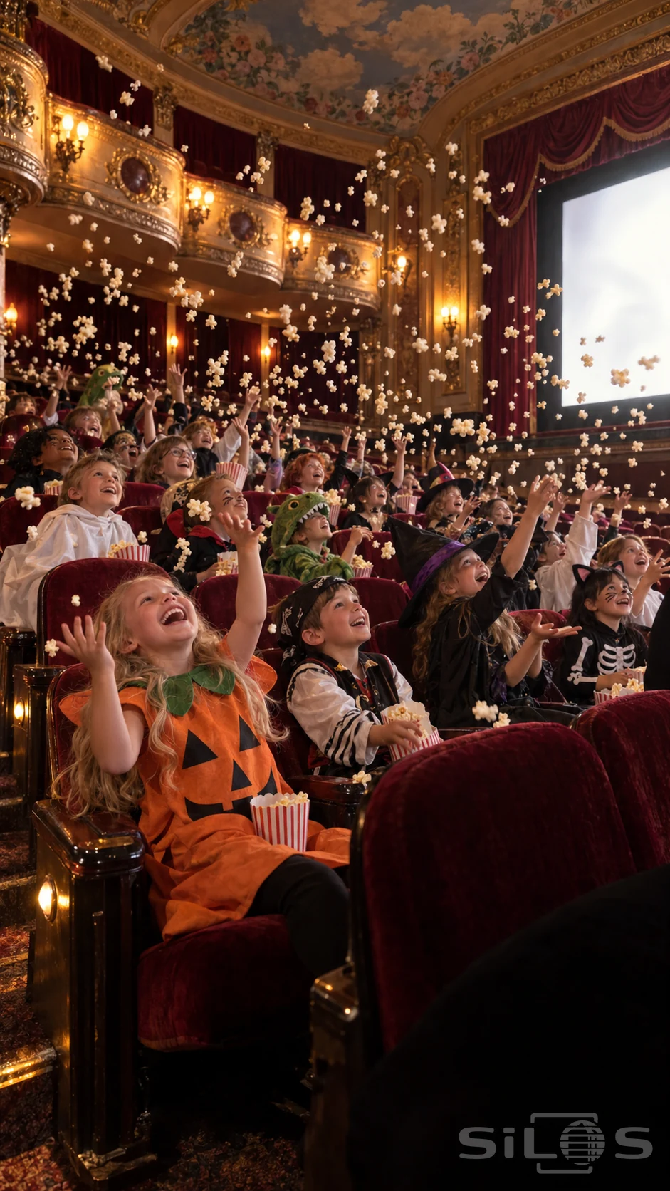 Children in handmade Halloween costumes throw popcorn above red velvet cinema seats beneath gilded balconies and a painted ceiling.