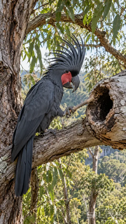 A charcoal palm cockatoo with a raised crest and red cheek holds a short stick in one foot against a hollow tree branch.