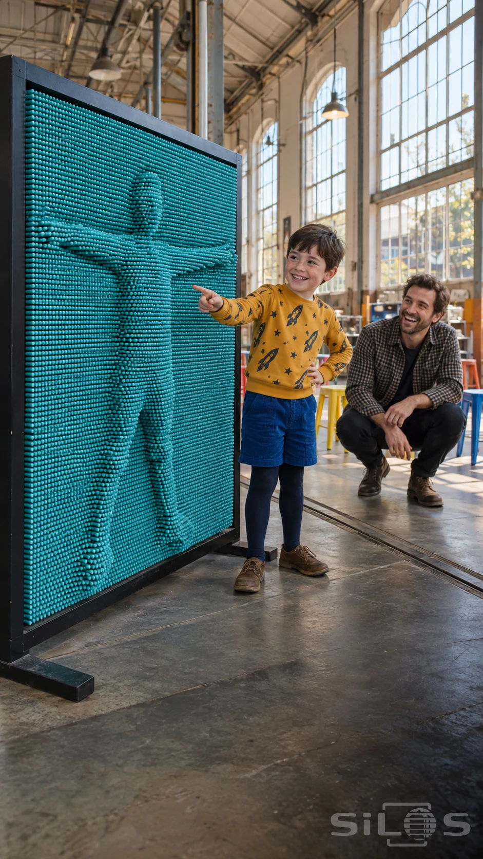 A boy in a rocket sweatshirt points at his shape in a giant pin wall of turquoise pins while his father laughs nearby.