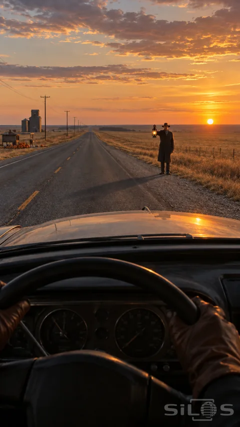 A man holds a lantern beside an empty prairie road; seen through a car windscreen at sunset.
