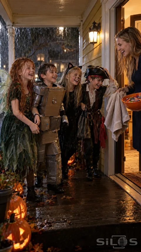 Four costumed children laugh under a yellow house porch while a woman holds a towel and a bowl of sweets beside the open door.