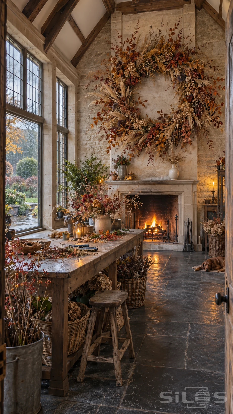 Unoccupied stone potting room with an enormous dried autumn wreath above a fireplace, a timber table, baskets and a resting dog.