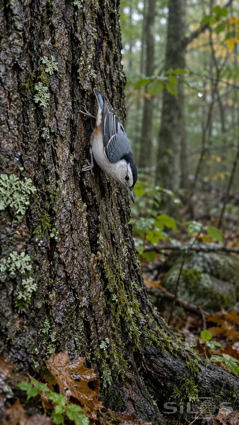Nuthatch descending an oak trunk headfirst with blue-gray wings above wet roots and woodland leaves.