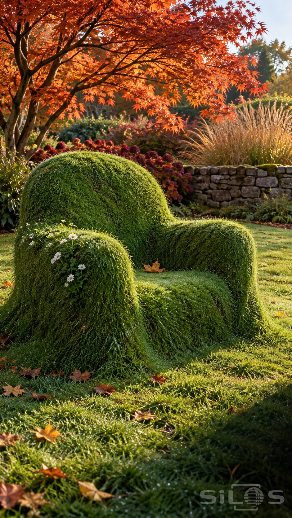 A grass armchair with rounded back and arms grows from a lawn beneath an orange maple, with a leaf in its seat.