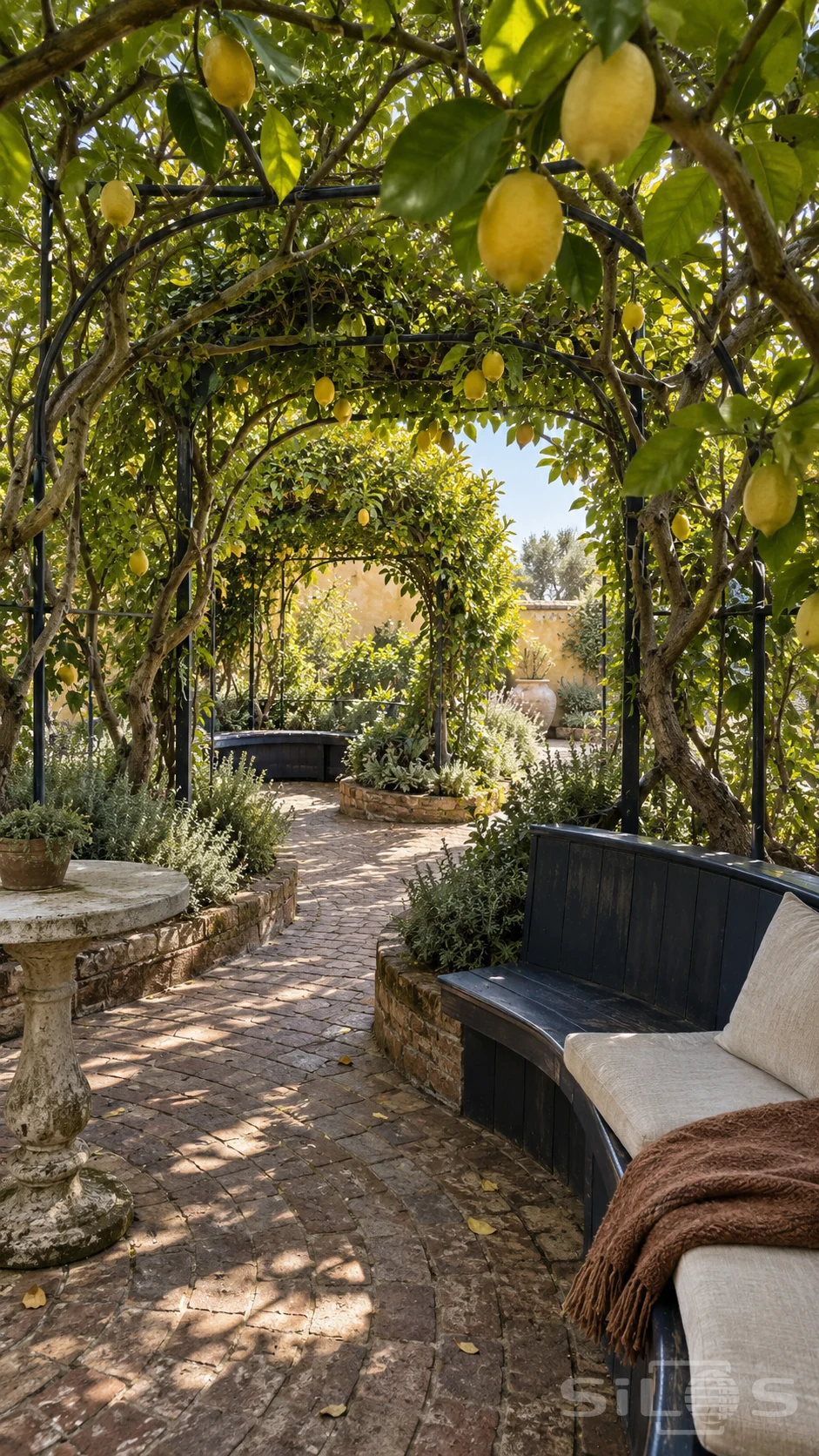 Lemon-laden branches arch over connected garden alcoves with curved indigo benches, a stone table, herb beds and worn brick paving.