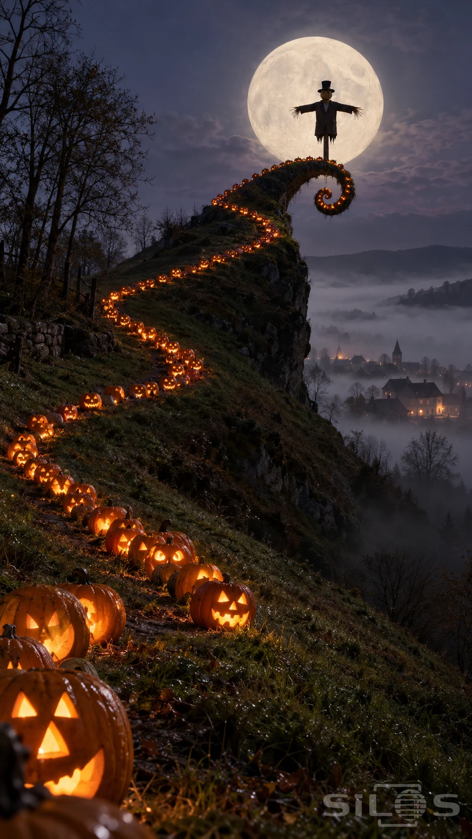 A scarecrow in a dark suit and top hat stands on a curled hilltop before the moon, above a winding trail of glowing pumpkins.