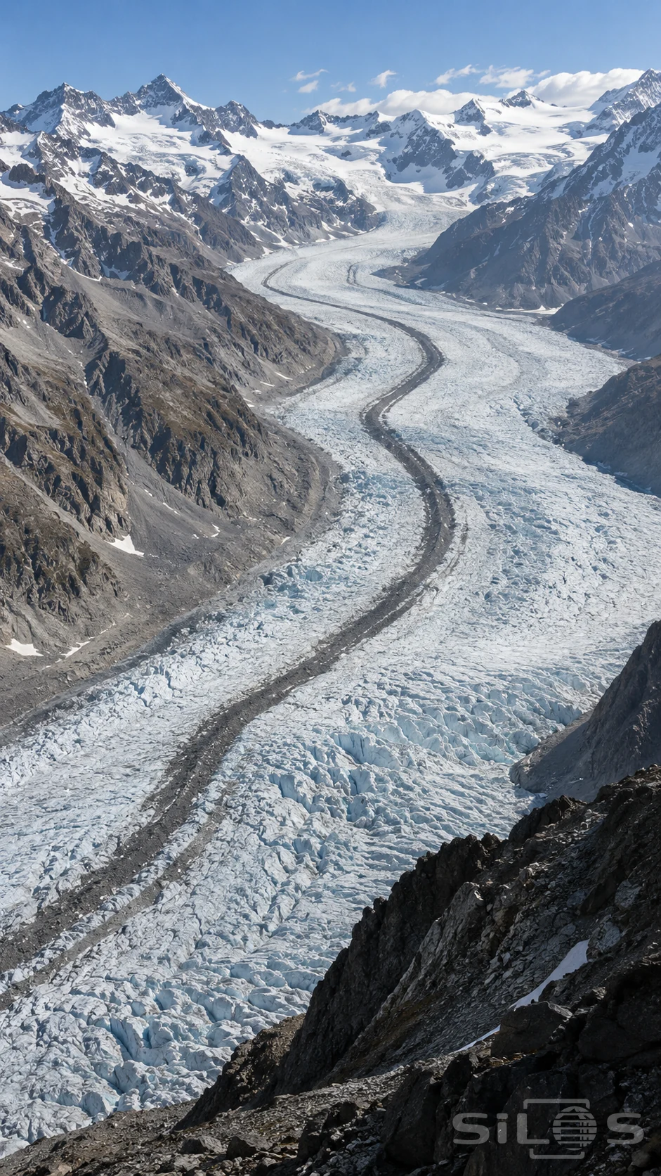 Dark moraine lines follow a broad curving glacier between rocky mountains, with snowy peaks and blue sky above.