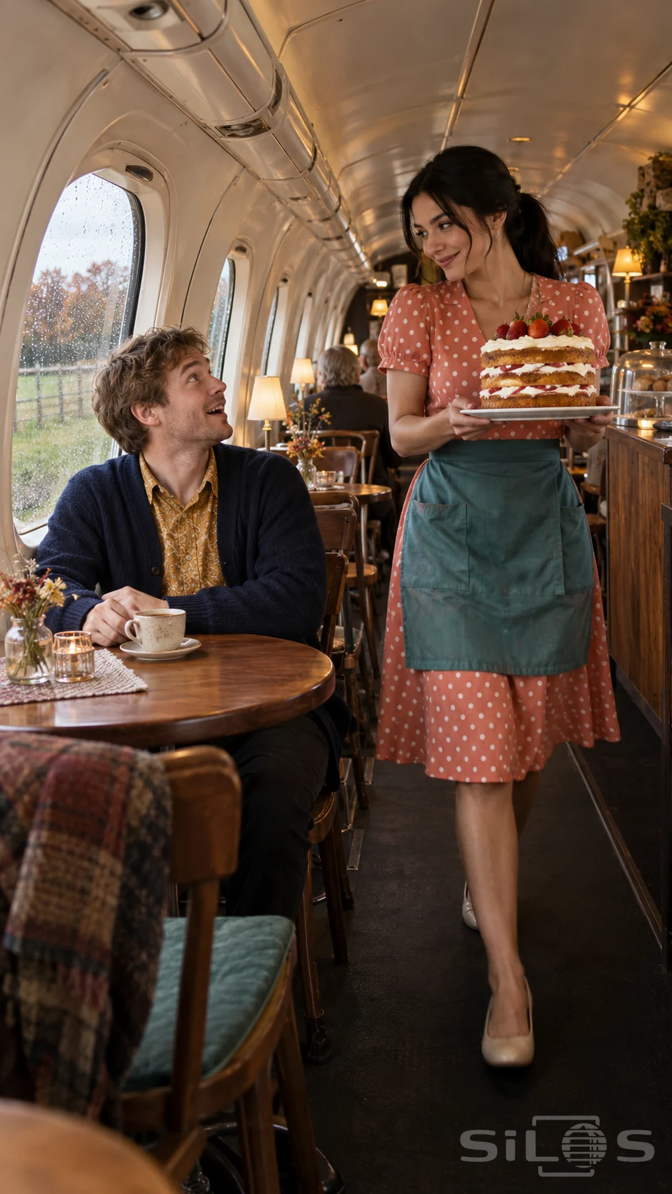 Aircraft cafe cake carried by a waitress in a coral polka-dot dress as a seated customer smiles beside a rain-speckled oval window.