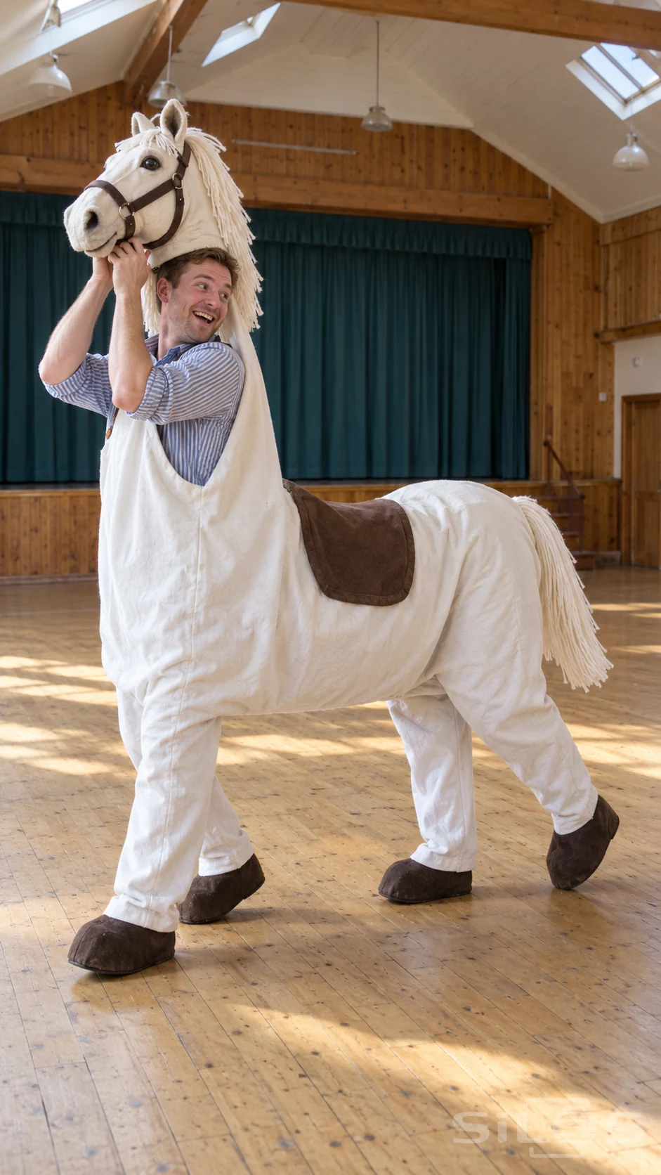 A man in a striped shirt lifts the head of a white pantomime horse costume and laughs back toward its concealed rear performer.