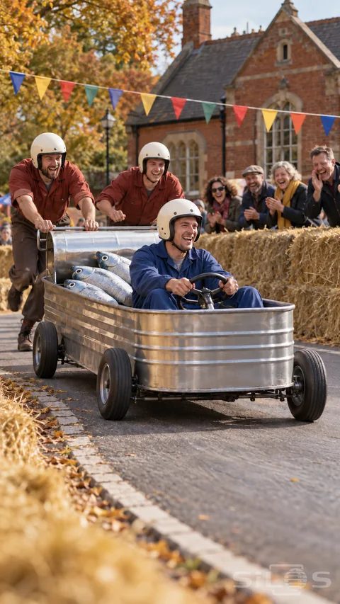 Sardine tin soapbox racer with a helmeted driver and two teammates on a straw-lined village fair course.