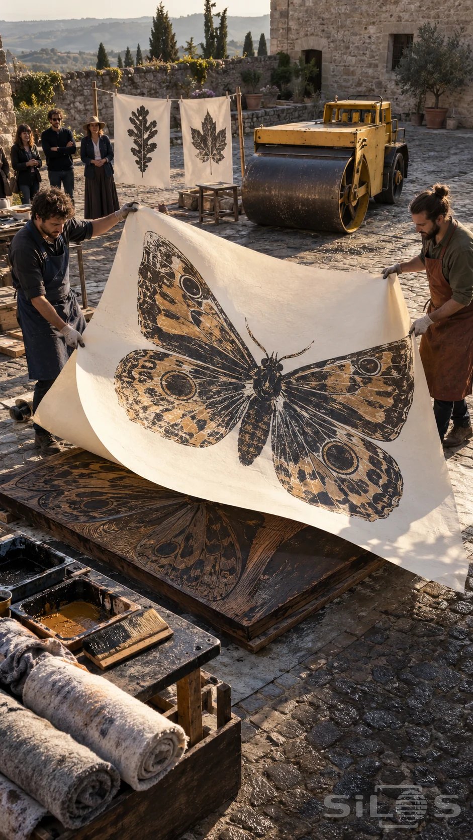 Steamroller printing with two adults lifting bending paper bearing a giant moth above a printing block, with a roller behind.