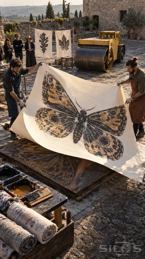 Steamroller printing with two adults lifting bending paper bearing a giant moth above a printing block; with a roller behind.