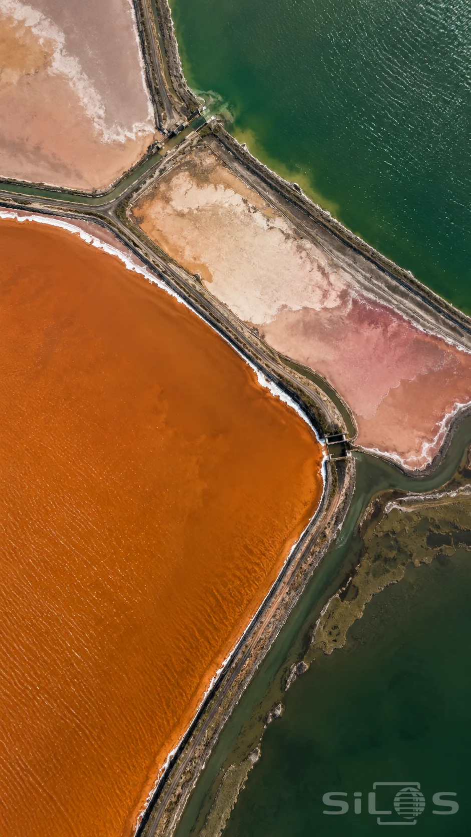 Overhead salt ponds in copper orange and jade green meet pale pink basins along branching dark levees and narrow channels.