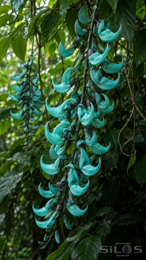 Jade vine flowers form a hanging cluster of turquoise claws on a dark stem; with broad green leaves and a second cluster behind.