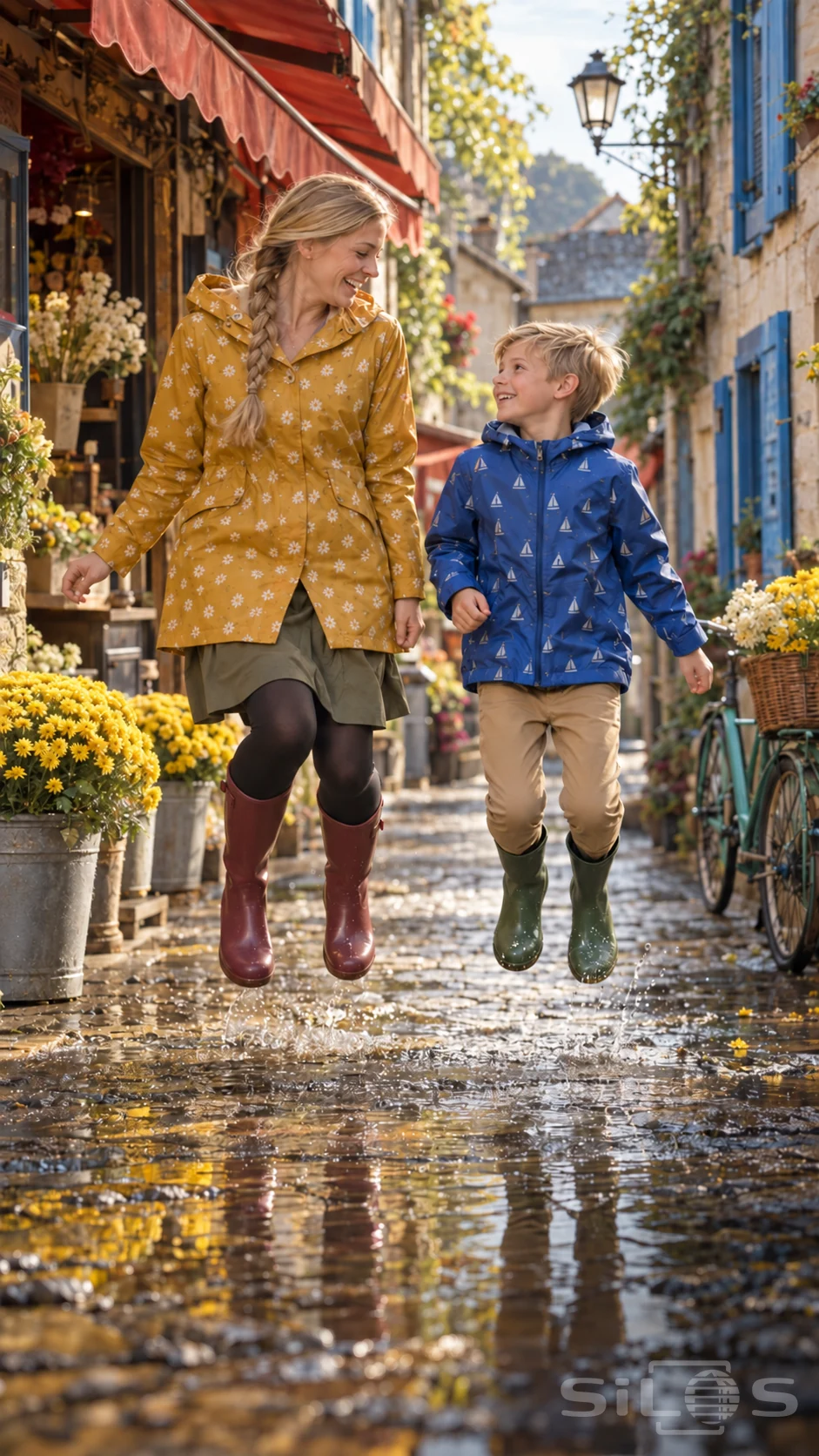 Puddle jumping mother and son in patterned raincoats and rubber boots laugh together on a flower-lined market lane.