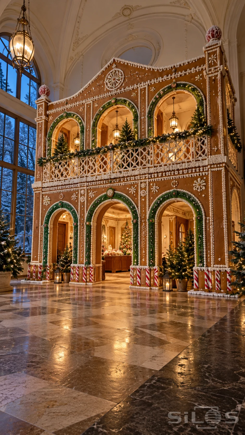 A two-storey gingerbread arcade with white icing, green candy arches and striped posts stands inside a grand winter hall.