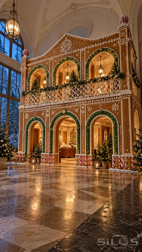 A two-storey gingerbread arcade with white icing; green candy arches and striped posts stands inside a grand winter hall.