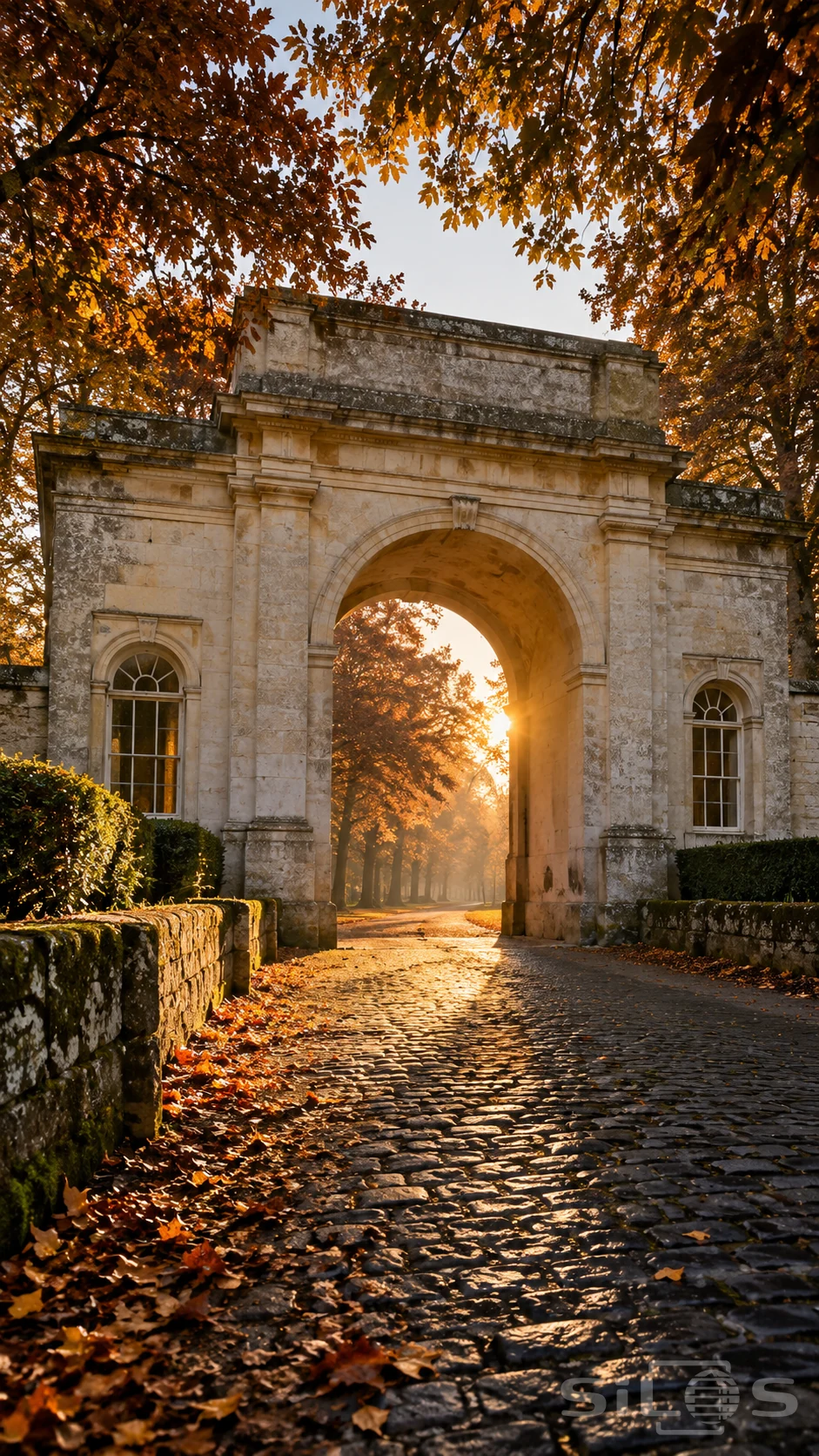 A monumental pale stone garden gate frames a sunlit avenue of autumn trees above damp, leaf-strewn cobbles.