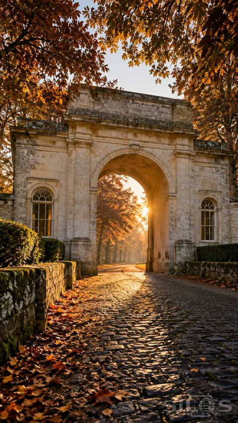 A monumental pale stone garden gate frames a sunlit avenue of autumn trees above damp; leaf-strewn cobbles.