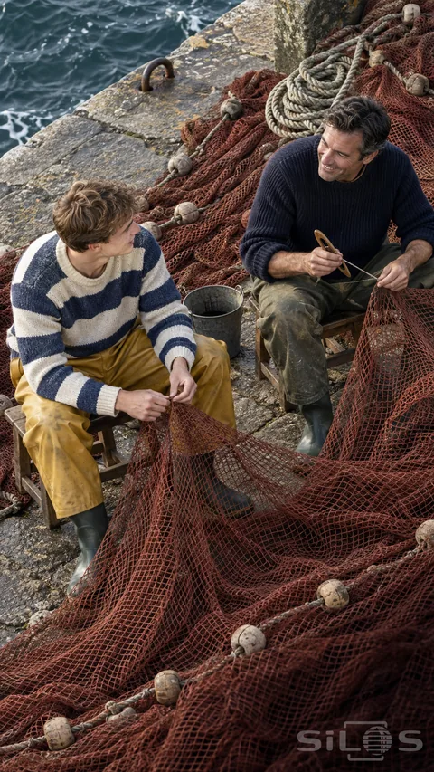 Fishing net repair with two men facing each other over rust-red mesh; floats and a wooden shuttle on a waterside jetty.