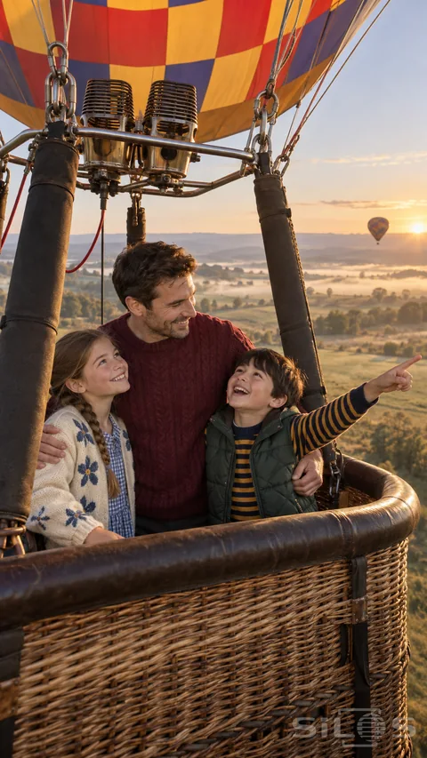 A family balloon adventure with a father and two children standing close inside a wicker basket at dawn.