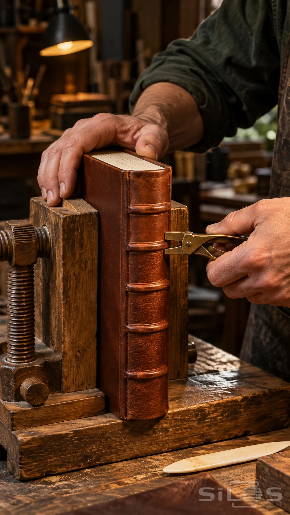Hands shape the raised bands on a brown leather book with brass nippers while a wooden press supports its unlettered cover.