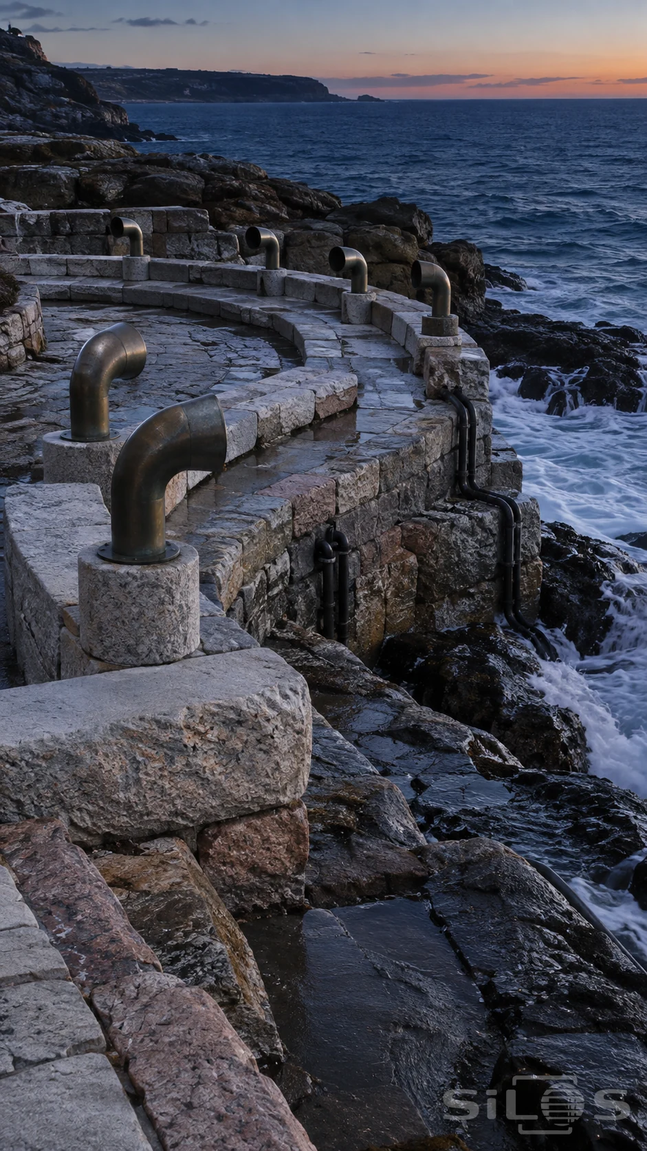 A wave organ has bronze listening pipes beside a curved pale stone bench on a rocky coast at dusk.