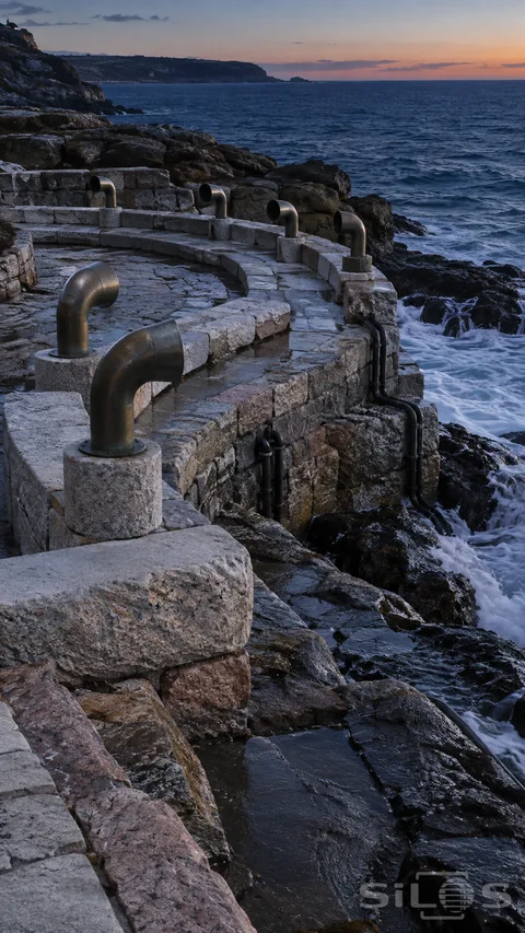 A wave organ has bronze listening pipes beside a curved pale stone bench on a rocky coast at dusk.