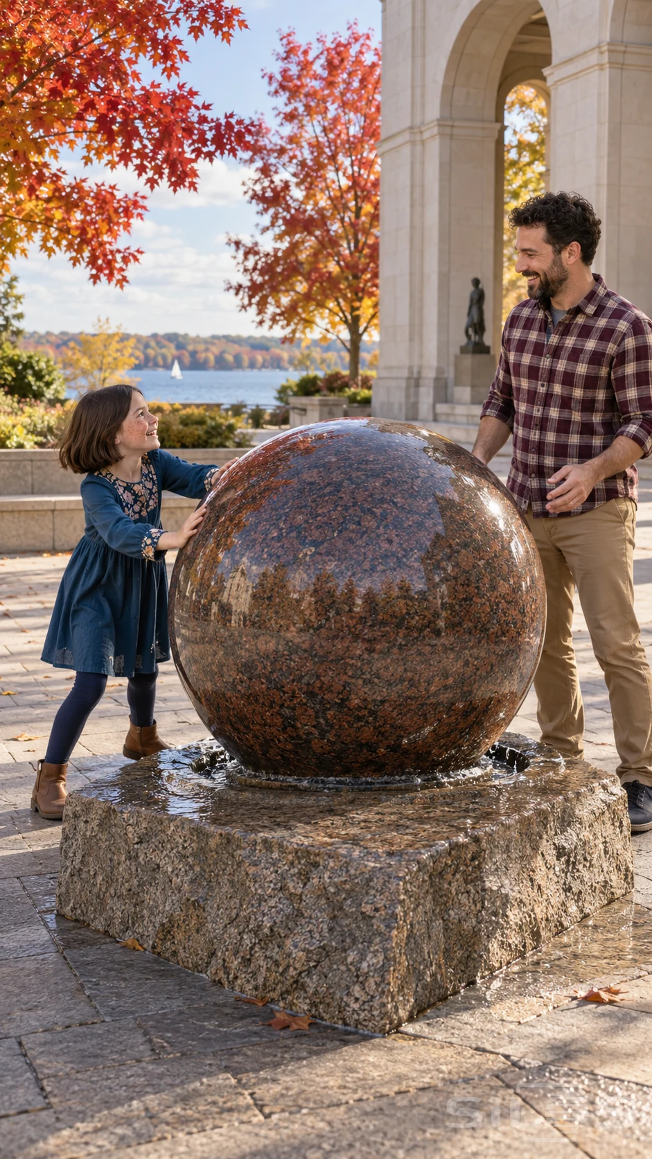 A granite sphere turns under a daughter’s palms as her father smiles beside a wet stone base and an autumn arcade.