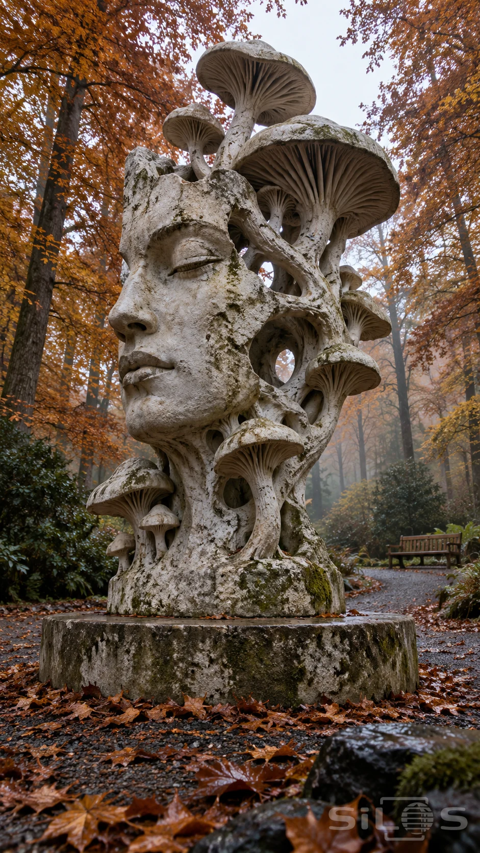 A tall weathered limestone sculpture combines a closed-eyed face with branching gilled mushrooms on a round pedestal in an autumn garden.