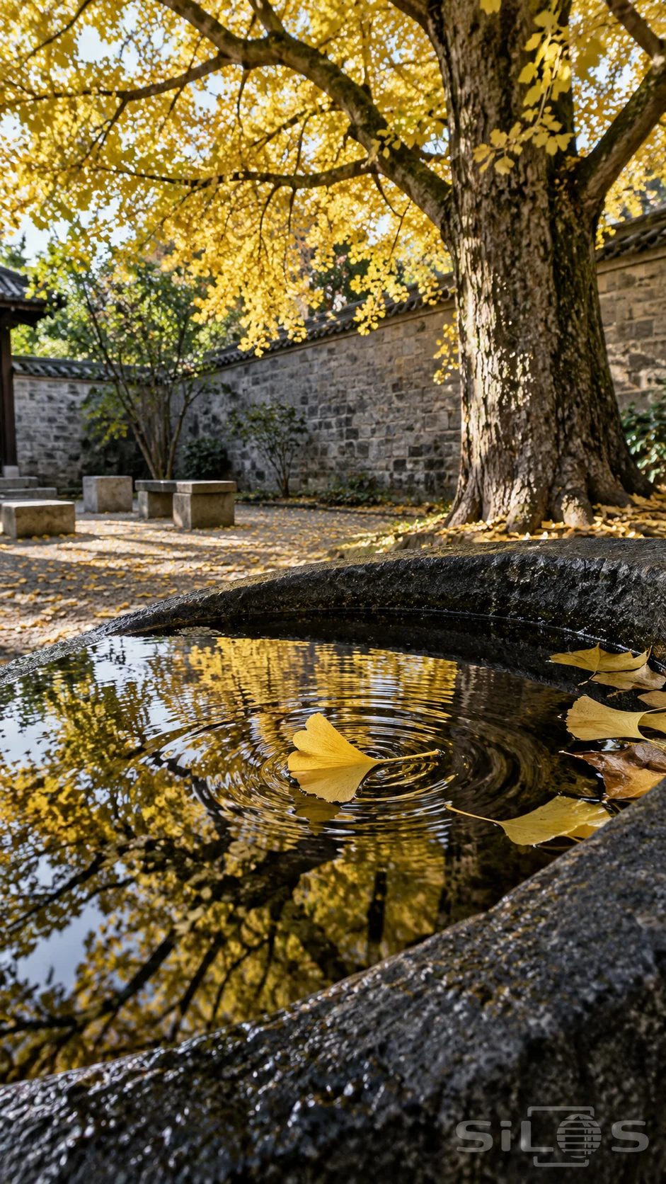 A golden ginkgo leaf floats in a rippling stone basin beneath a yellow tree canopy in a quiet walled courtyard.