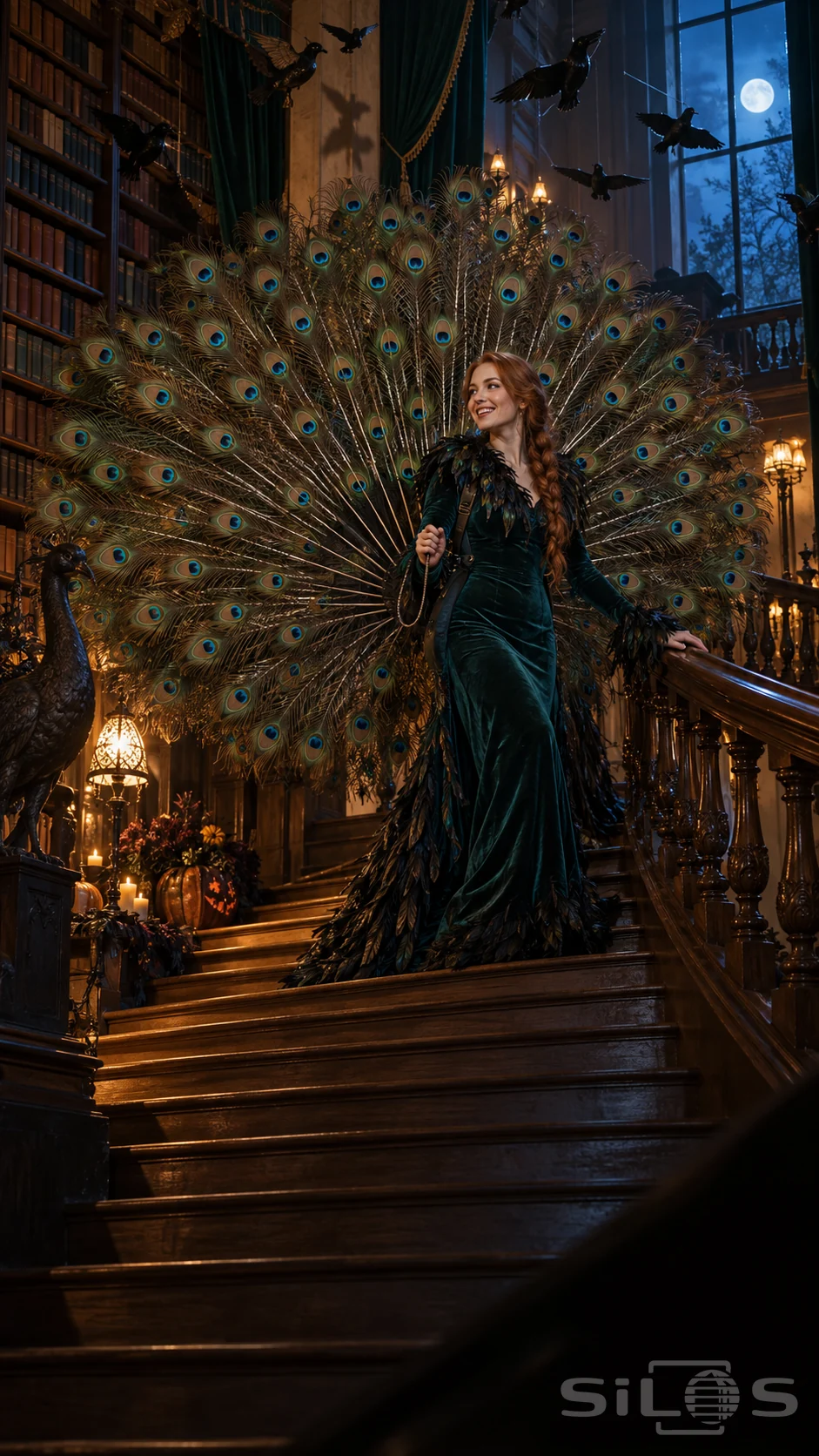 A woman in a teal peacock costume opens a huge feather fan on a wooden library staircase beneath warm lamps.