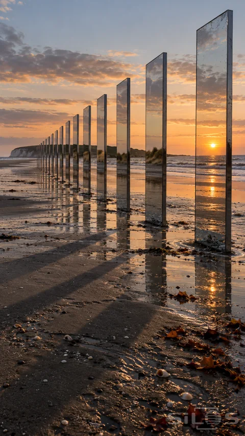 Tall narrow mirror panels stand in a line across wet beach sand; reflecting the evening sky beside waves and a pale headland.
