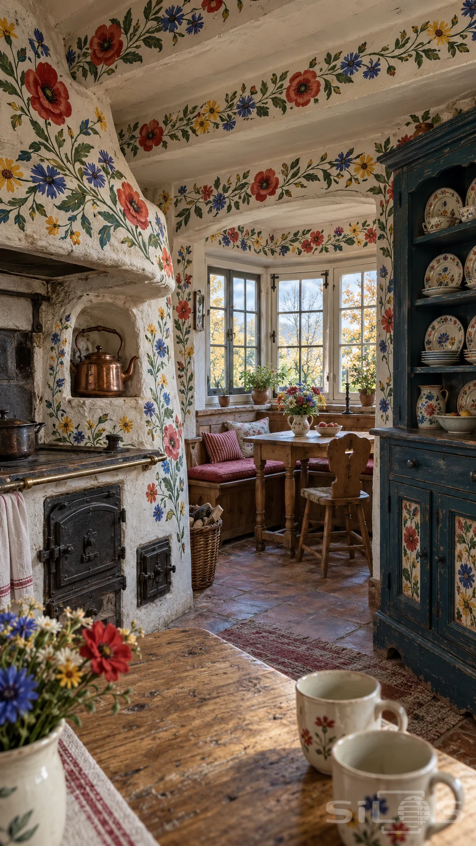 Red, blue and yellow painted flowers cover a white stove and ceiling beams beside a teal dresser and sunny cottage breakfast nook.