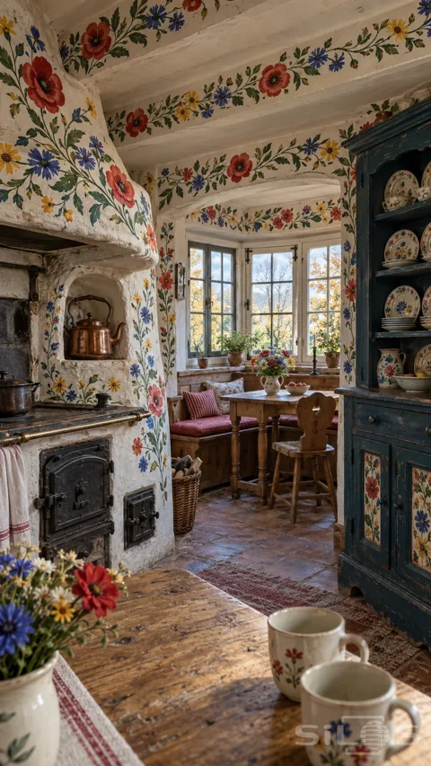 Red; blue and yellow painted flowers cover a white stove and ceiling beams beside a teal dresser and sunny cottage breakfast nook.