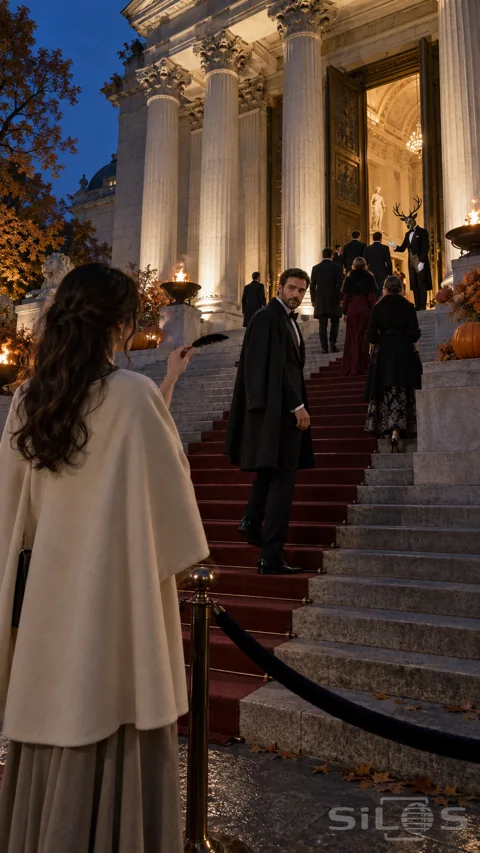 A woman in a cream cape holds a black feather toward a man turning on grand museum steps while a stag-masked doorman welcomes guests.