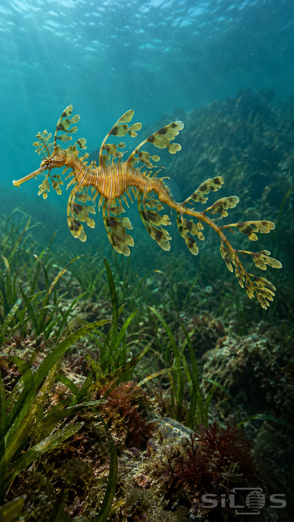 A leafy seadragon with gold body ridges, a narrow snout and olive leaf-shaped appendages floats above a green seagrass bed.