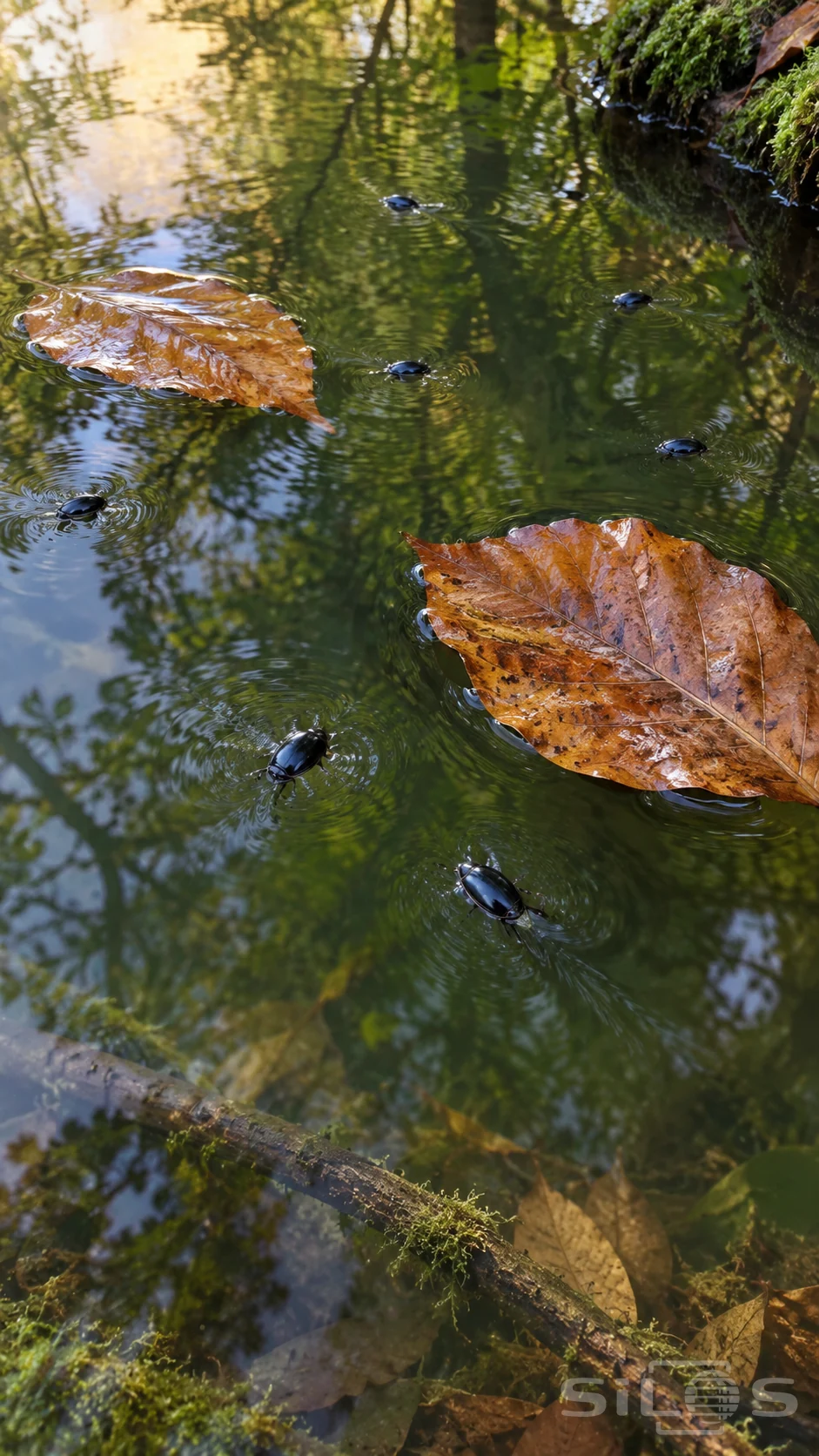 Whirligig beetles make small wakes on a woodland pool between floating copper leaves and reflections of overhead branches.